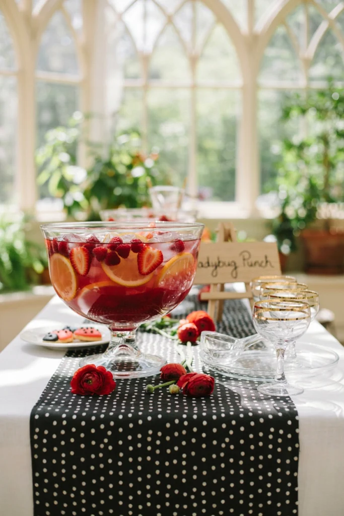 Glass punch bowl filled with red punch and floating strawberry slices