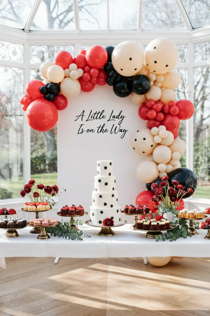 Red, black, and white polka dot balloon garland for a ladybug baby shower