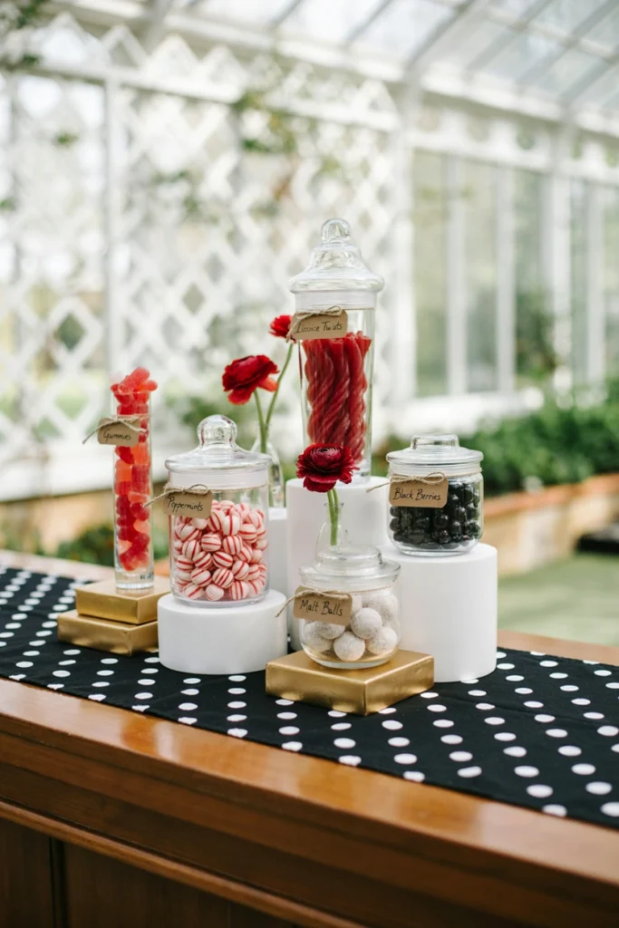 Glass jars of red and white striped candy on a tiered dessert stand