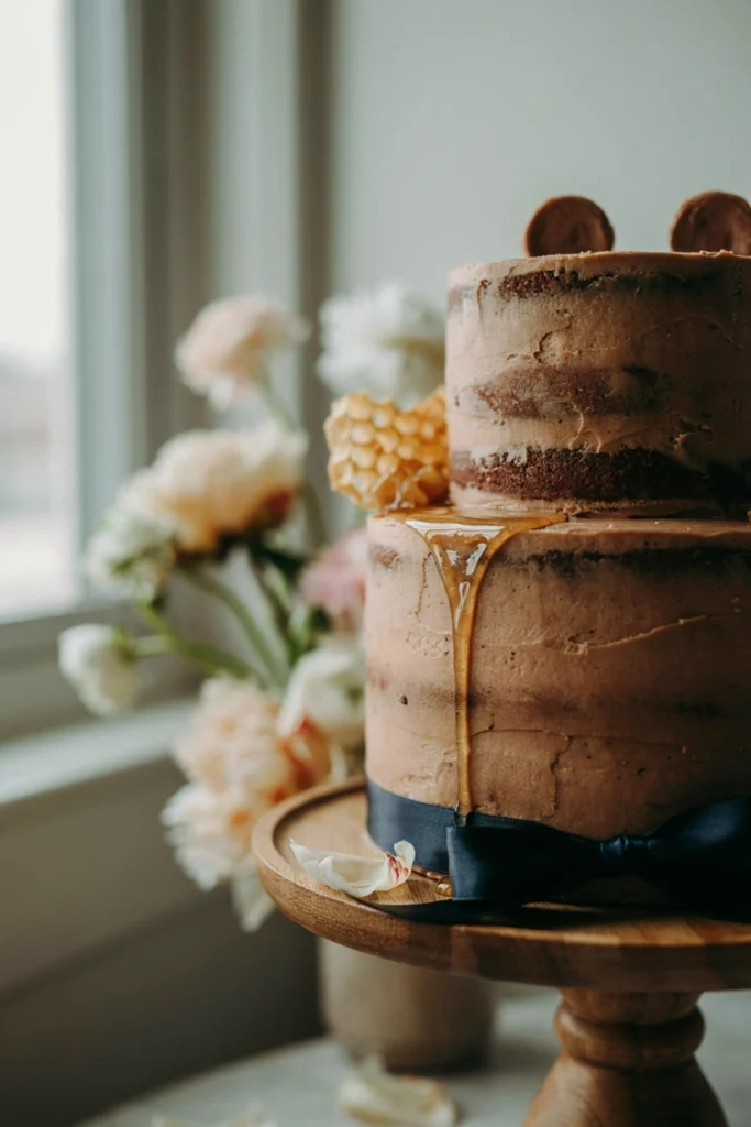 Semi-naked cocoa buttercream cake with fondant bear ears and a honey drizzle