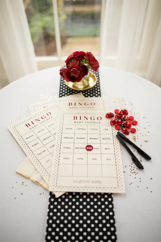 Ladybug themed baby shower bingo cards bordered in red and black dots
