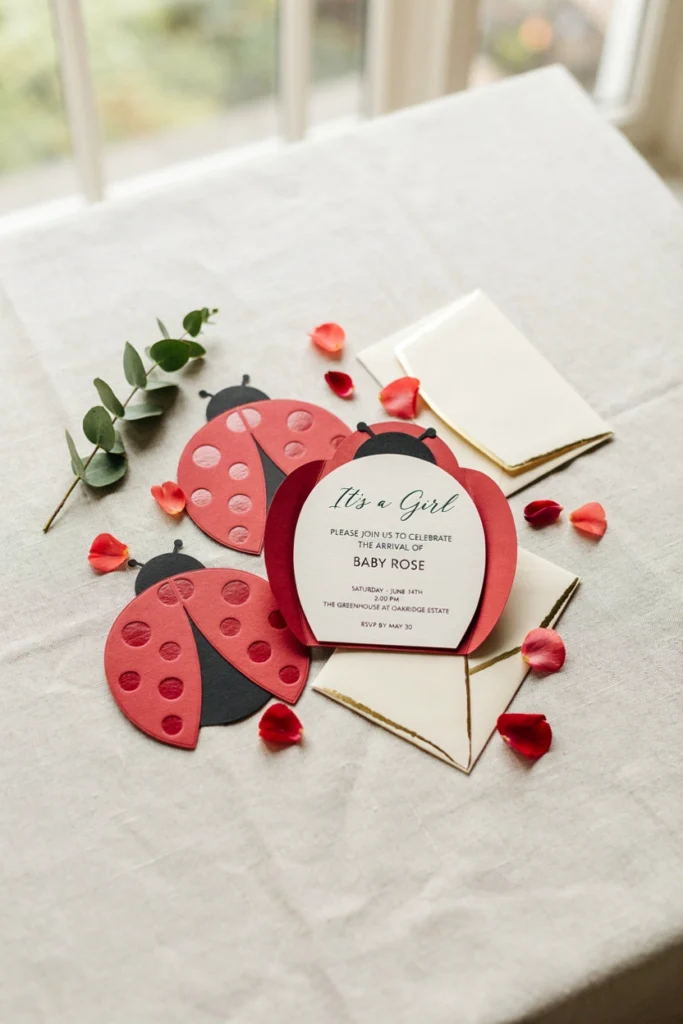 Invitation die-cut into the shape of a ladybug with printed party details