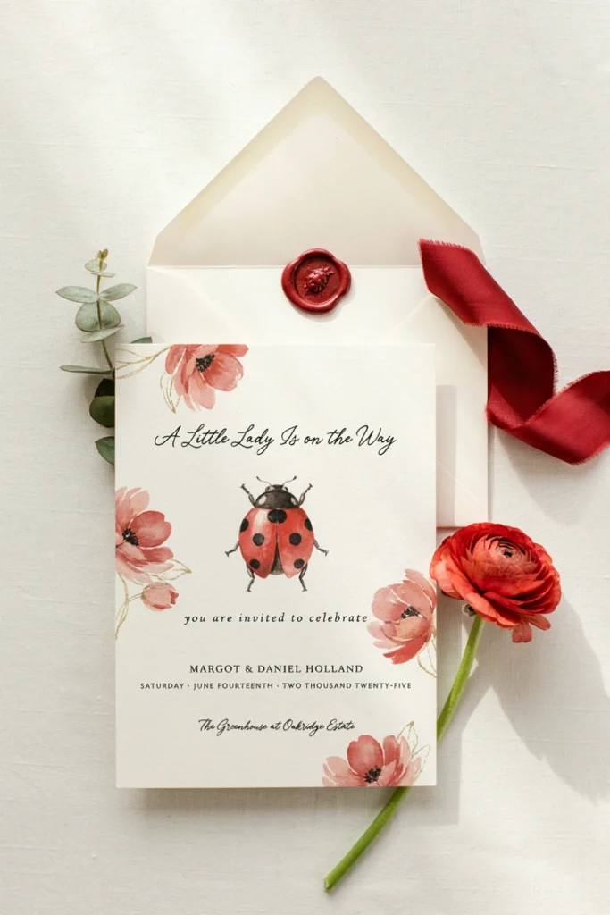 Watercolor ladybug baby shower invitation suite with a red wax seal