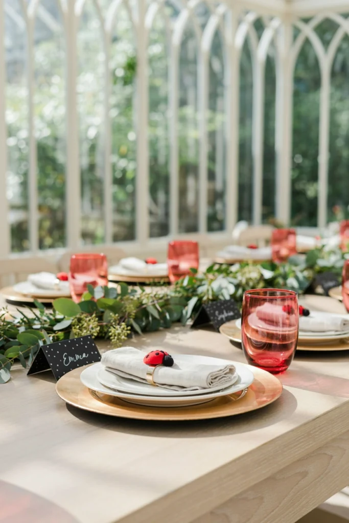 Rolled white cloth napkins secured with small felt ladybug napkin rings