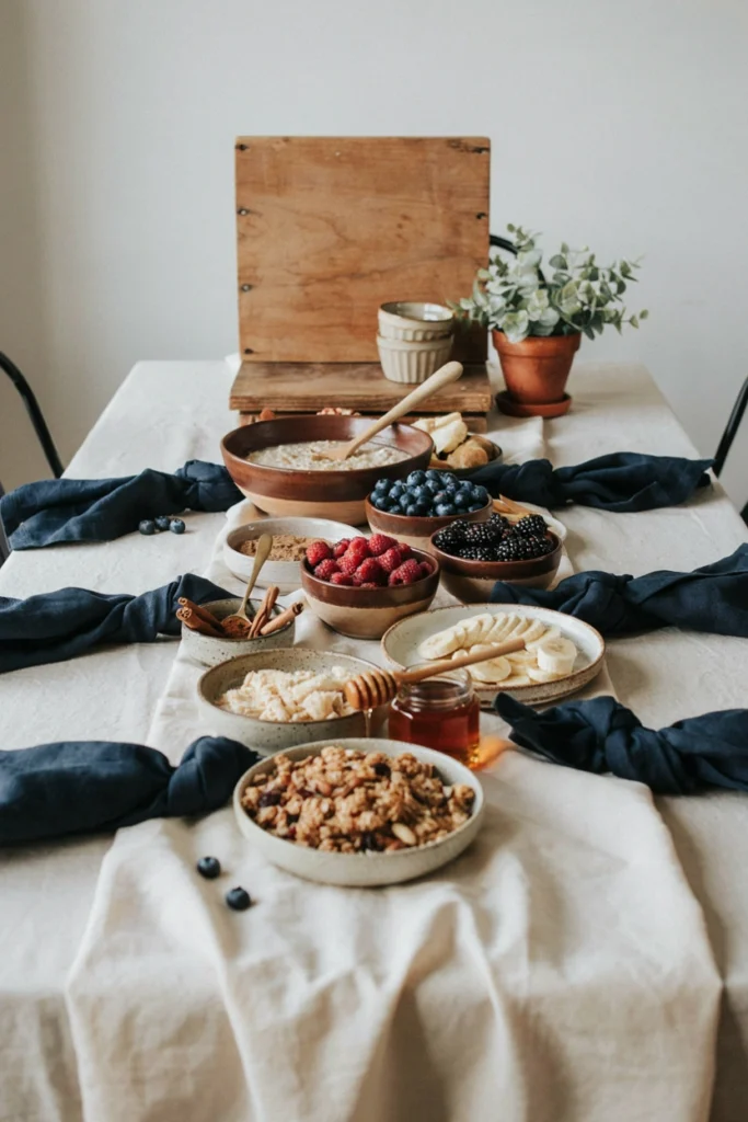 Woodland-themed porridge bar with a Just Right sign and toppings in brown bowls