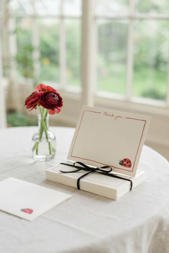 Small thank you cards with a printed ladybug in the corner