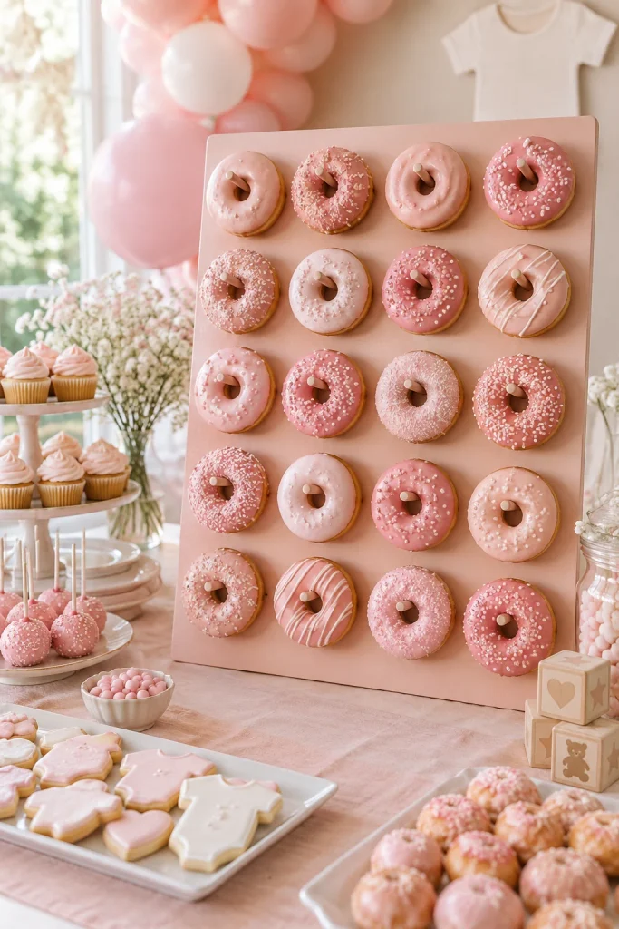 Pink glazed donut wall display board for a baby shower dessert table