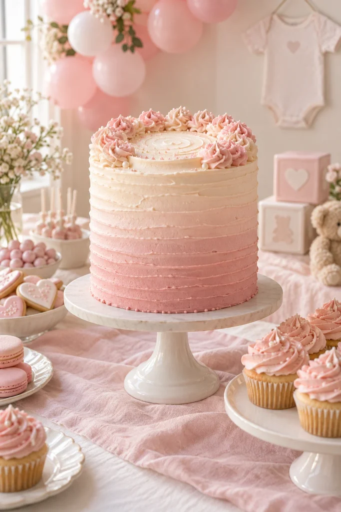 Pink ombre layer cake with gradient blush frosting as a baby shower centerpiece