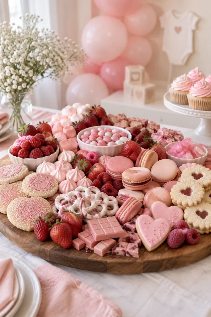 Pink dessert charcuterie board with cookies, candy, and fruit for a baby shower