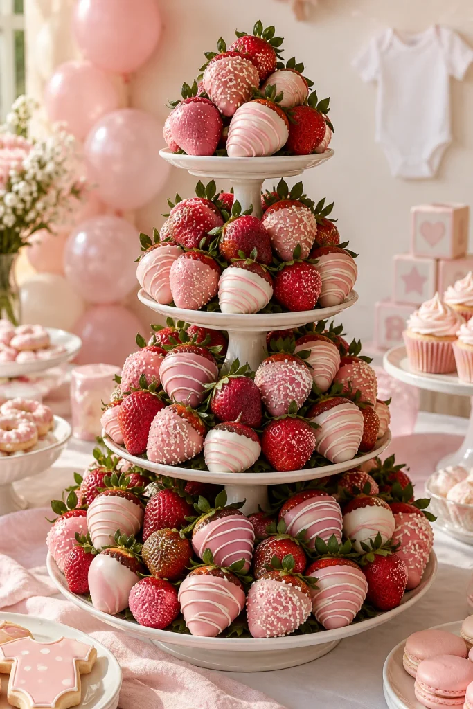 Tiered strawberry tower display as a centerpiece for a pink baby shower