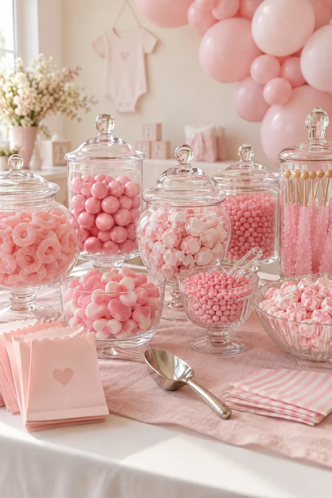 Pink candy bar station with jars of assorted pink candy for a baby shower