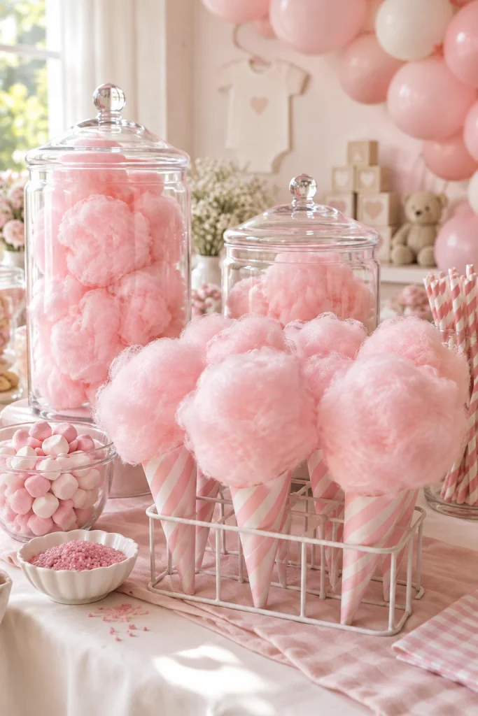 Pink cotton candy bar with fluffy spun sugar in glass jars and paper cones at a baby shower