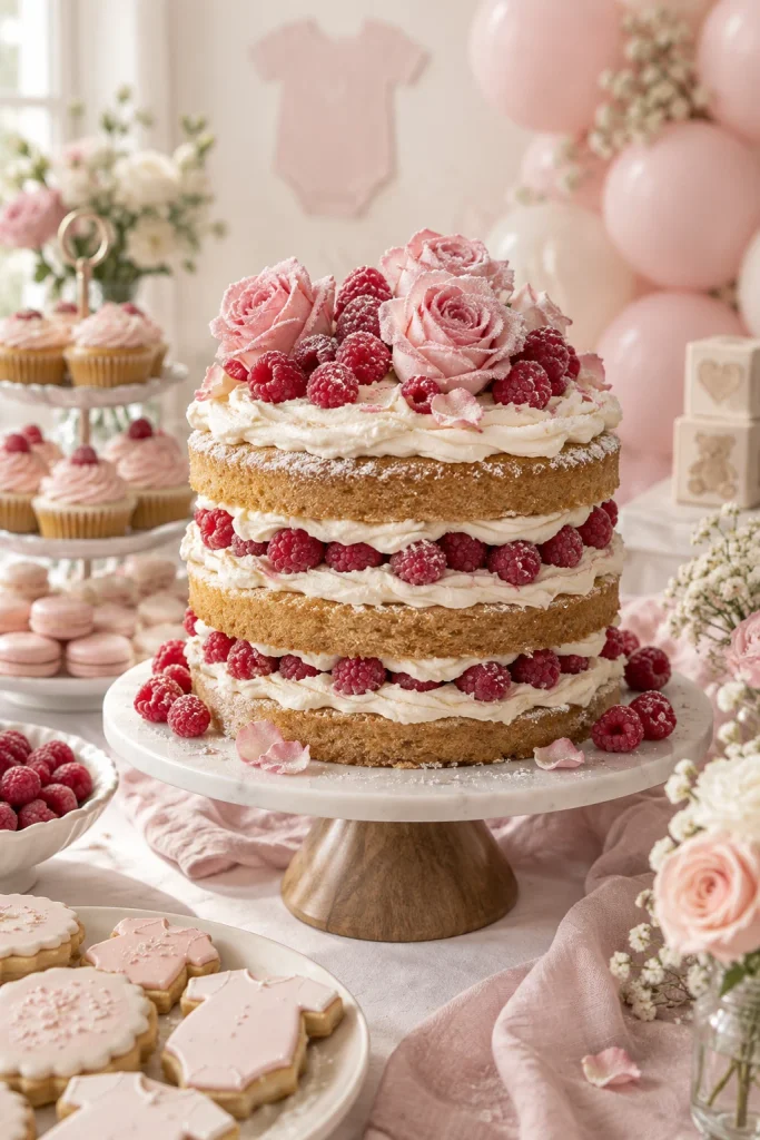 Pink naked layer cake topped with fresh raspberries and blush sugared roses for a baby shower