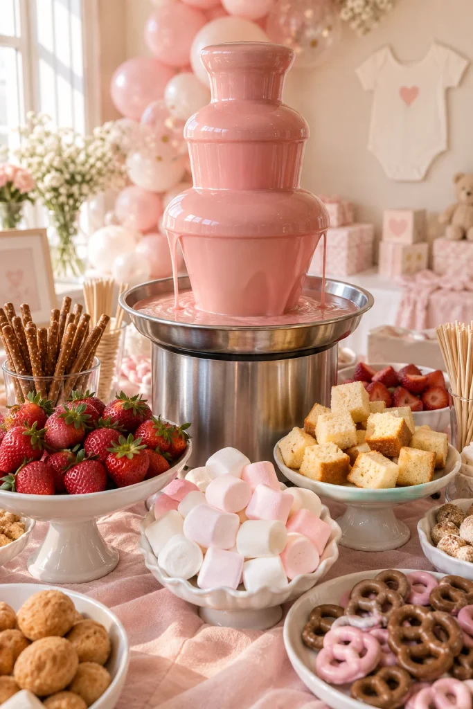 Pink chocolate fountain with strawberries, marshmallows, and pretzels for dipping at a baby shower