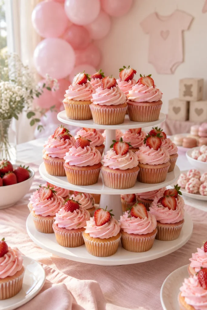 Strawberry cupcakes with swirled pink buttercream frosting for a baby shower dessert table