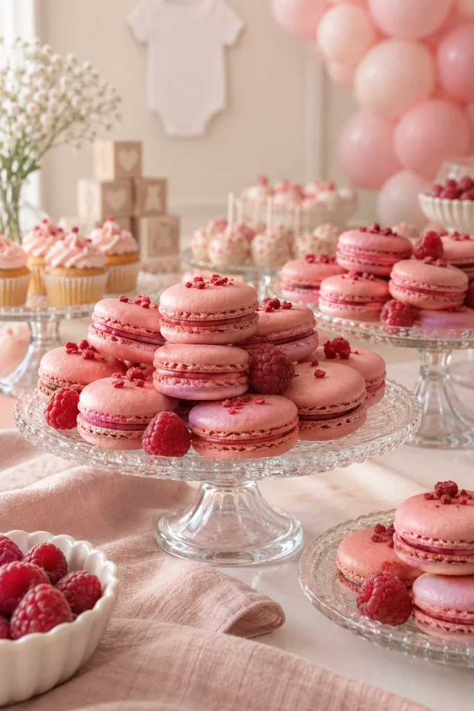 Delicate raspberry macarons with pink shells stacked for a pink baby shower dessert display