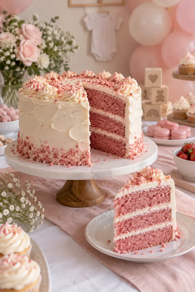 Slice of pink velvet cake with cream cheese frosting on a plate at a baby shower