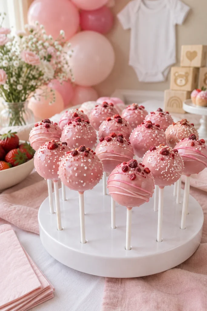 Strawberry cake pops dipped in pink coating and displayed in a stand for a baby shower