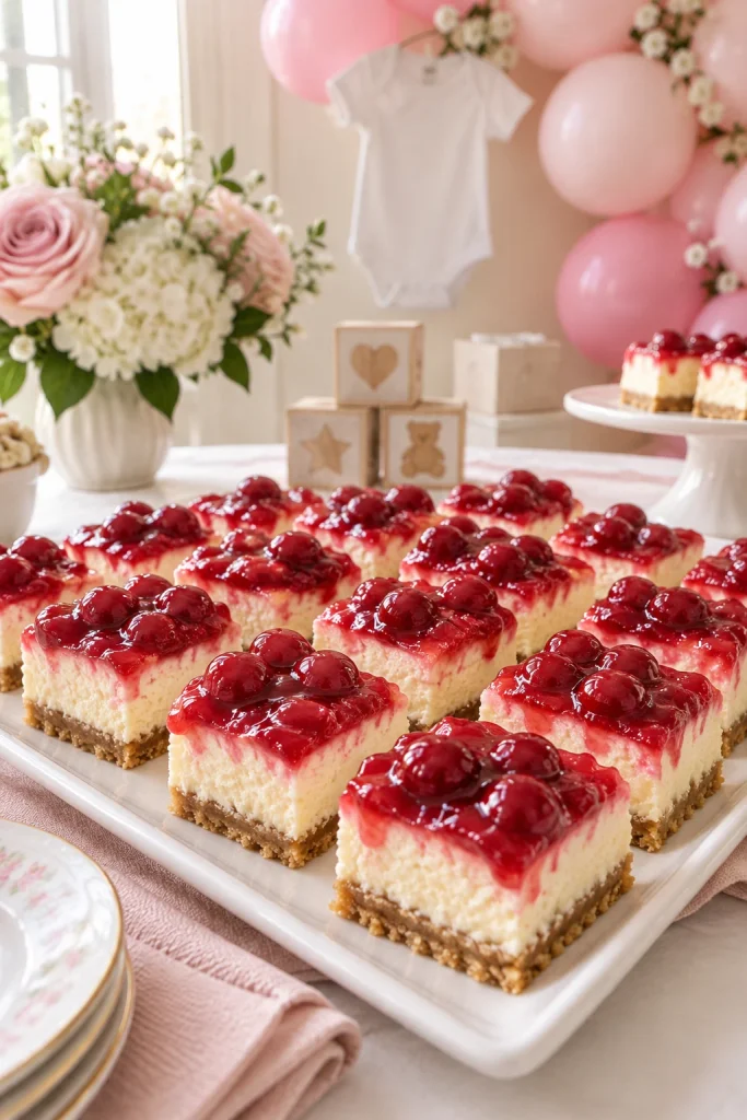 No-bake cherry cheesecake bars with pink topping cut into squares for a baby shower