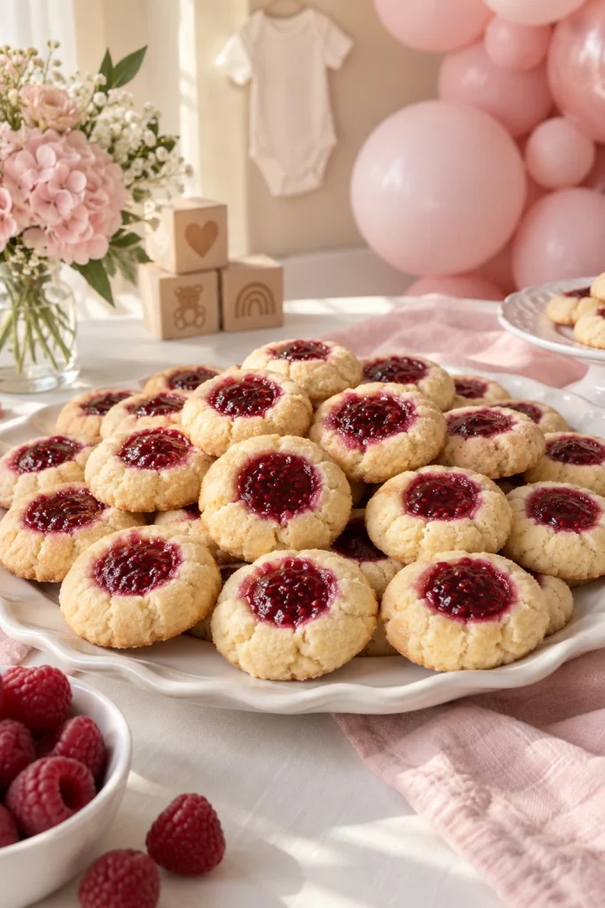 Buttery raspberry thumbprint cookies with pink jam centers on a baby shower dessert platter