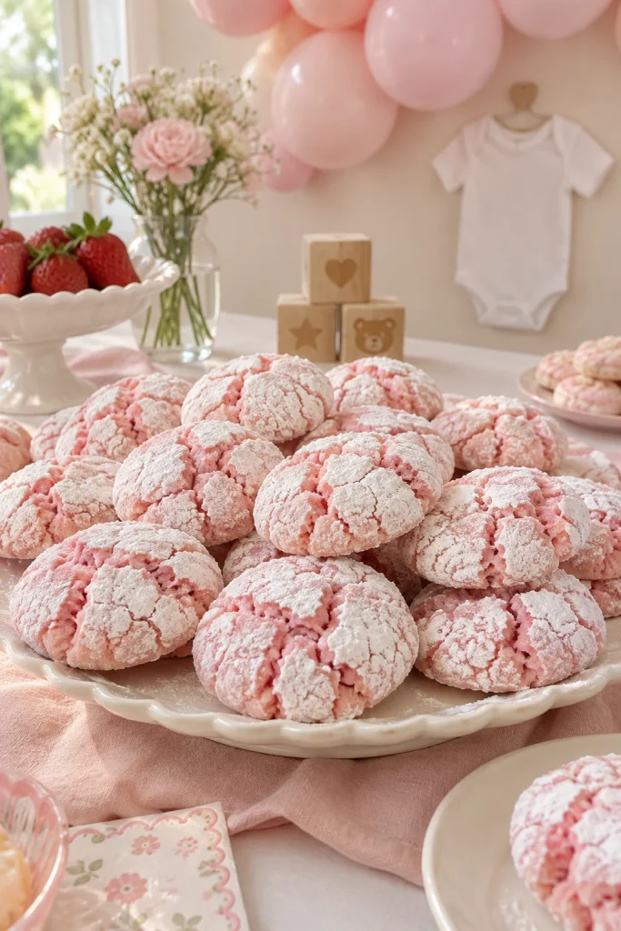 Pink strawberry crinkle cookies rolled in powdered sugar with cracked tops for a baby shower