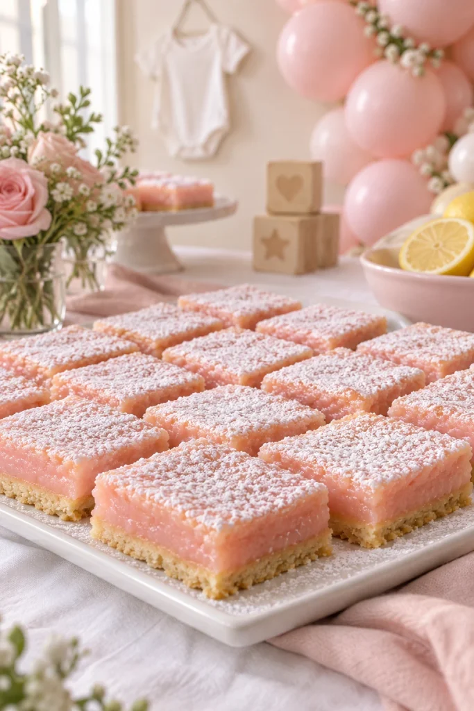 Pink lemonade bars with a shortbread crust and pale pink lemon layer dusted with powdered sugar