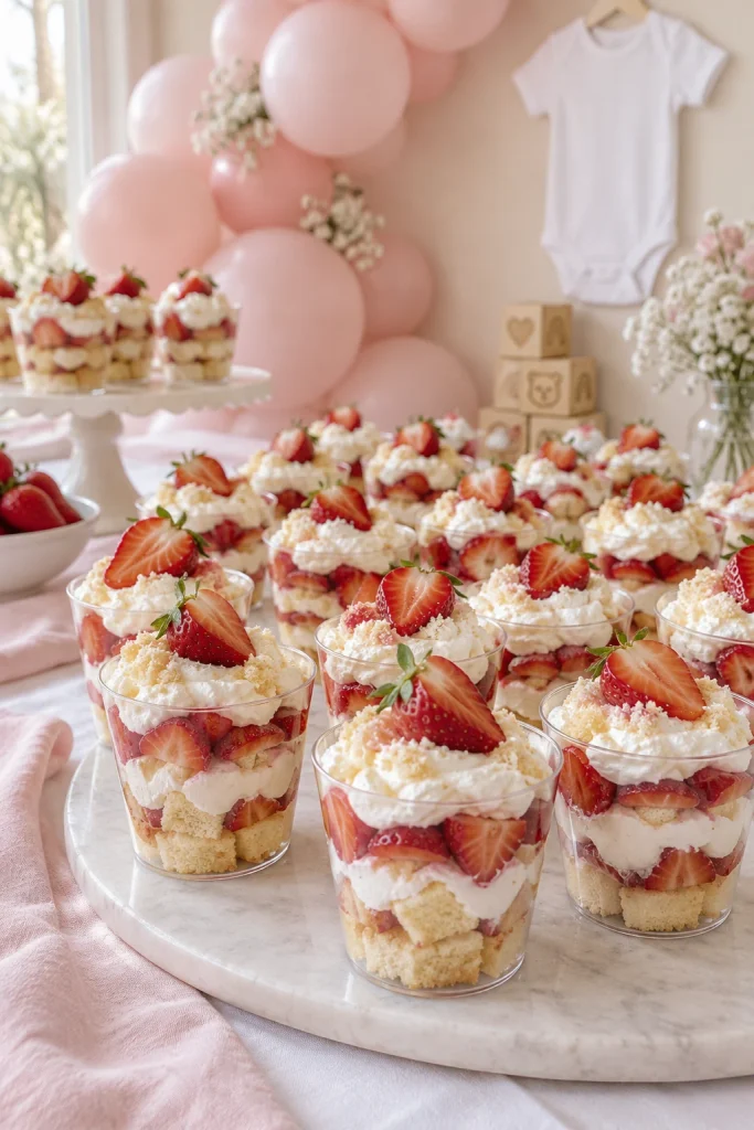Mini strawberry shortcake dessert cups layered with cream and fresh strawberries