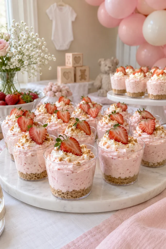 Strawberry mousse dessert cups with whipped topping for a pink baby shower