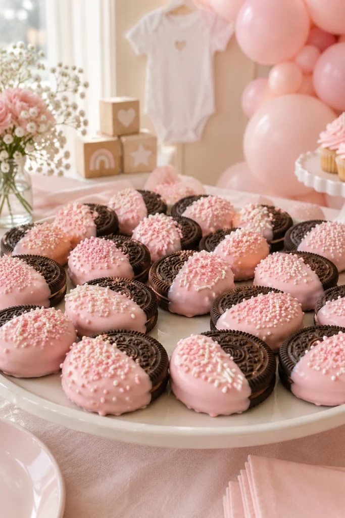 Oreo cookies dipped in pink chocolate coating for a baby shower dessert table