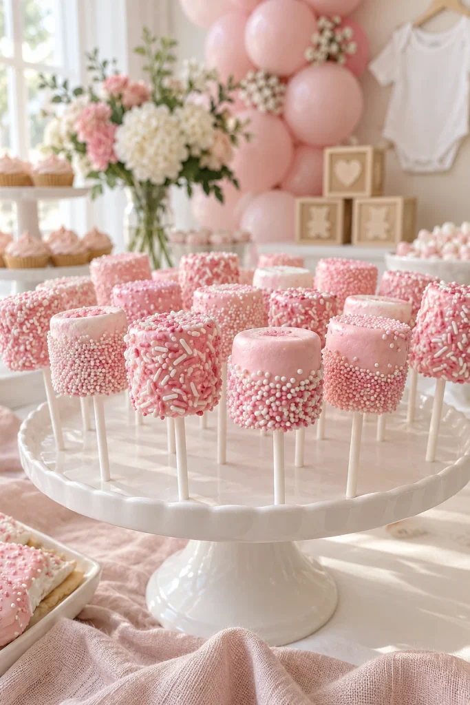 Pink marshmallow pops dipped in candy coating and sprinkles for a baby shower