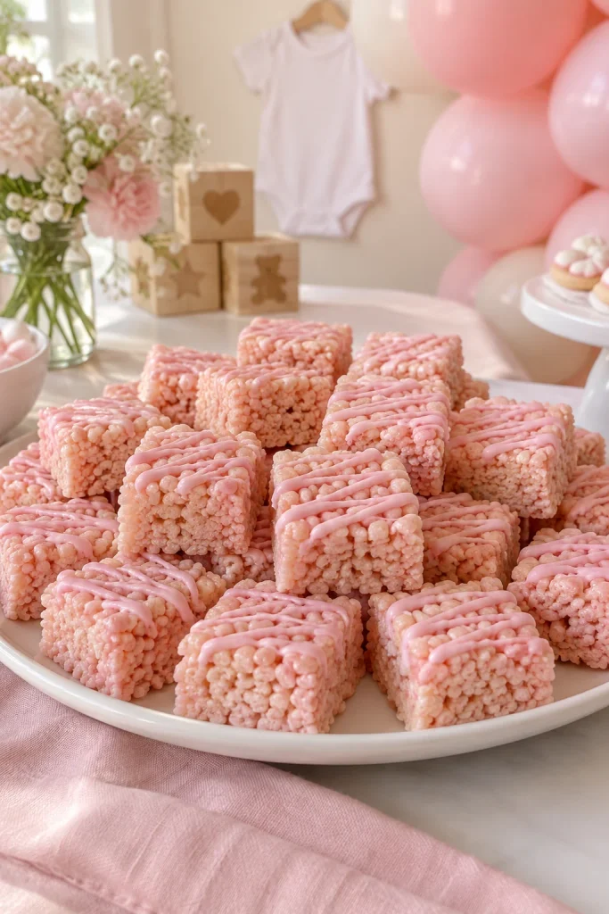Pink tinted Rice Krispie treats cut into squares for a baby shower dessert table