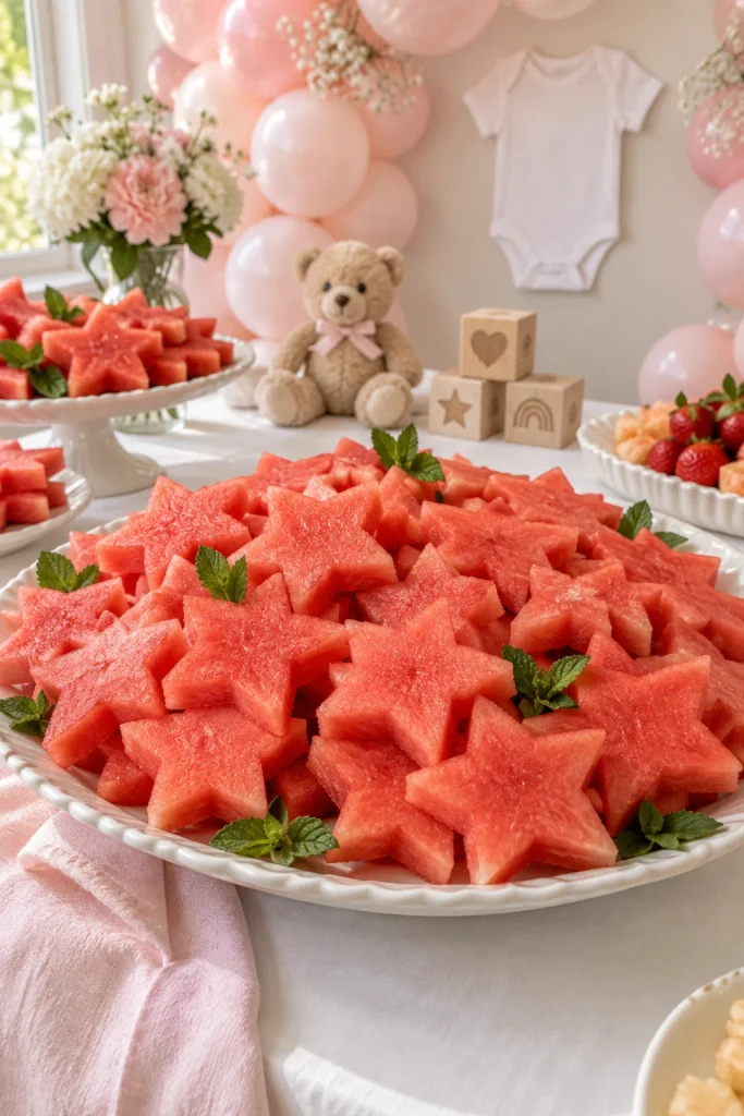Star-shaped watermelon fruit cutouts arranged on a platter for a pink baby shower