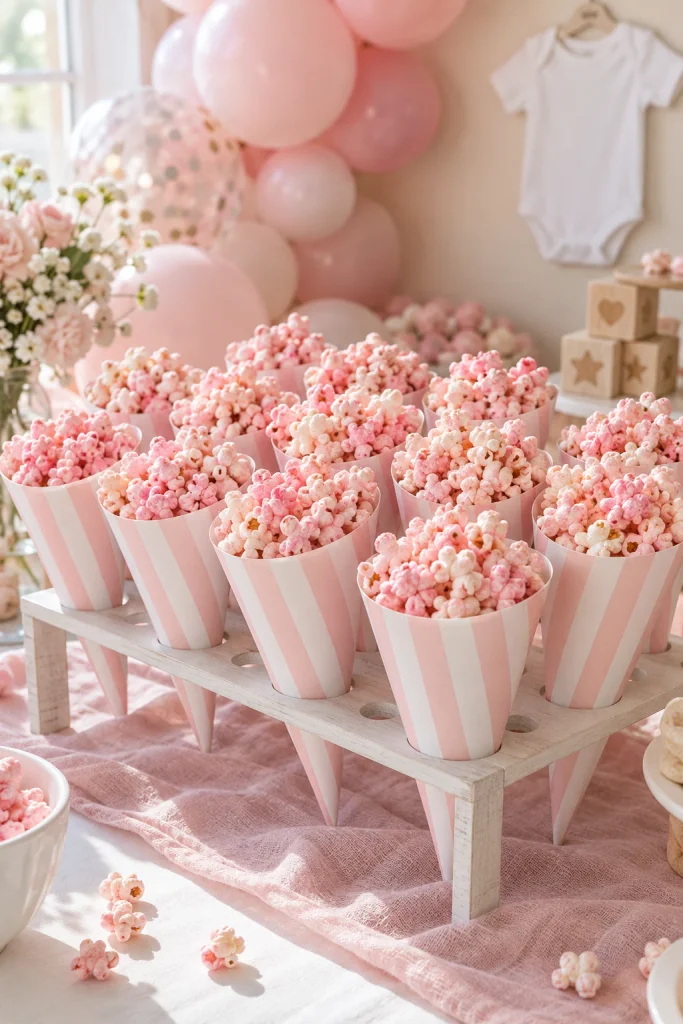 Pink candy-coated popcorn in paper cones for a baby shower snack table