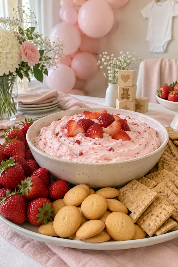 Pink strawberry cheesecake dip served with graham crackers and fresh strawberries at a baby shower