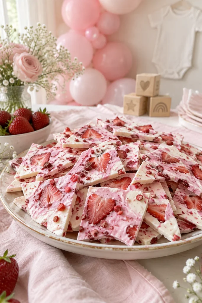 Pink frozen strawberry yogurt bark with freeze-dried berries and sprinkles broken into shards
