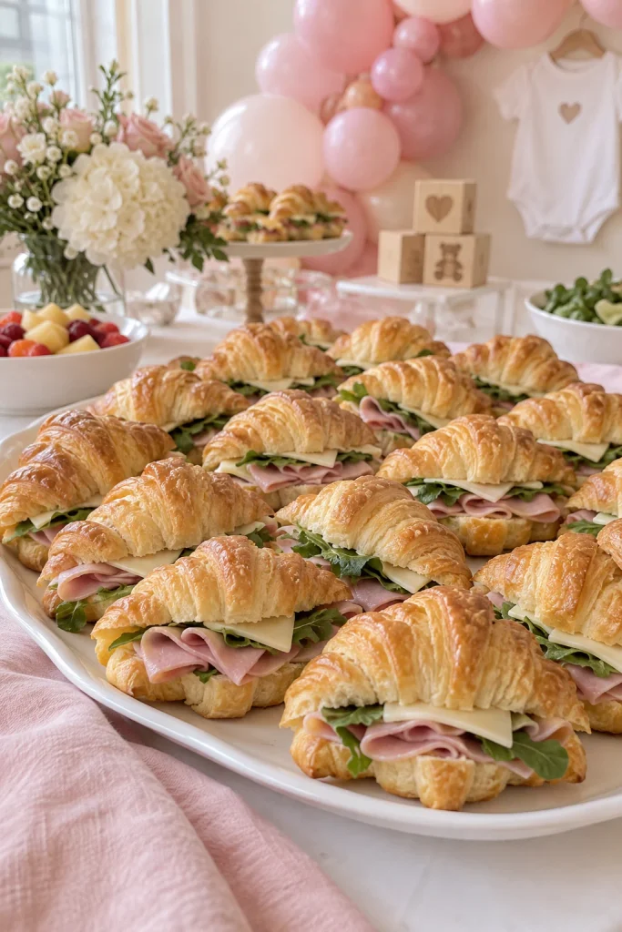 Mini croissant sandwiches with ham and cheese for a baby shower savory spread