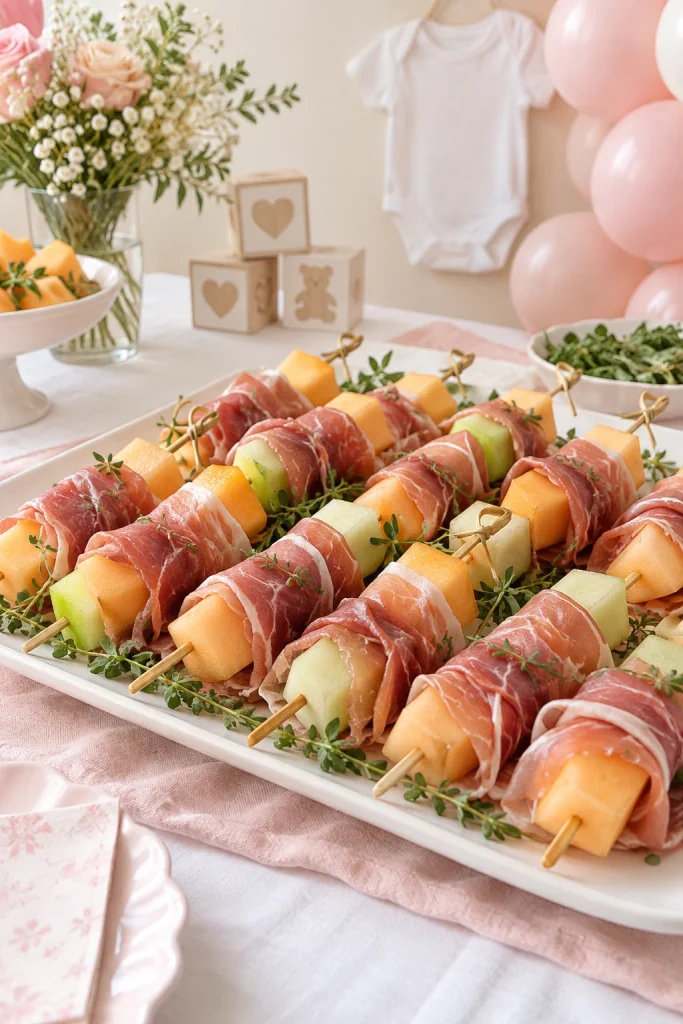 Prosciutto wrapped melon skewers for a savory pink baby shower appetizer