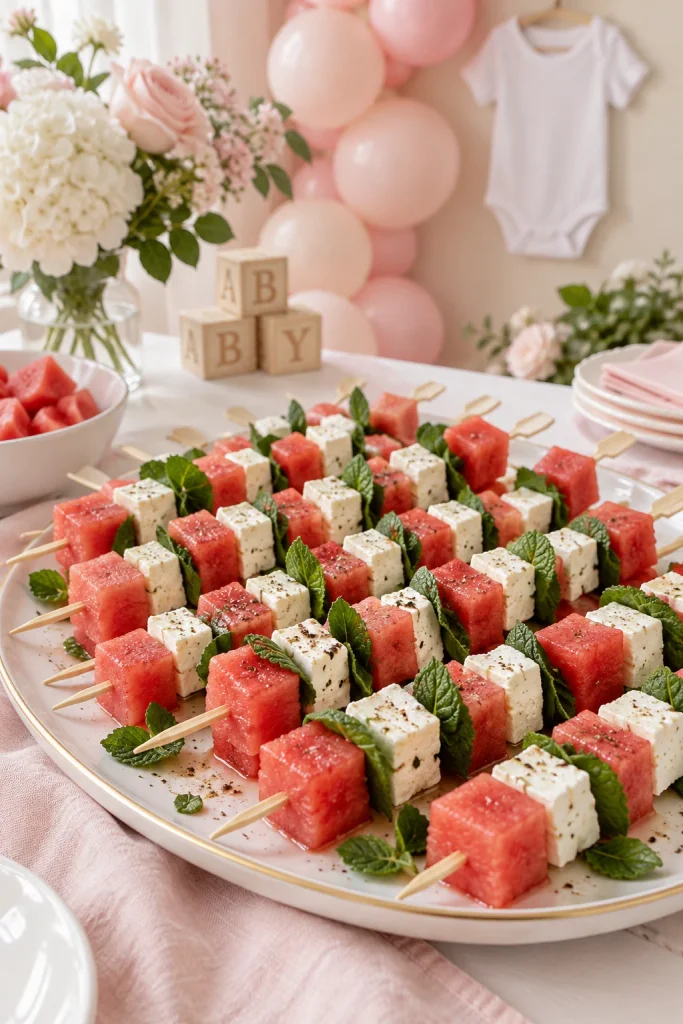 Watermelon and feta cheese skewers with mint for a light pink baby shower appetizer