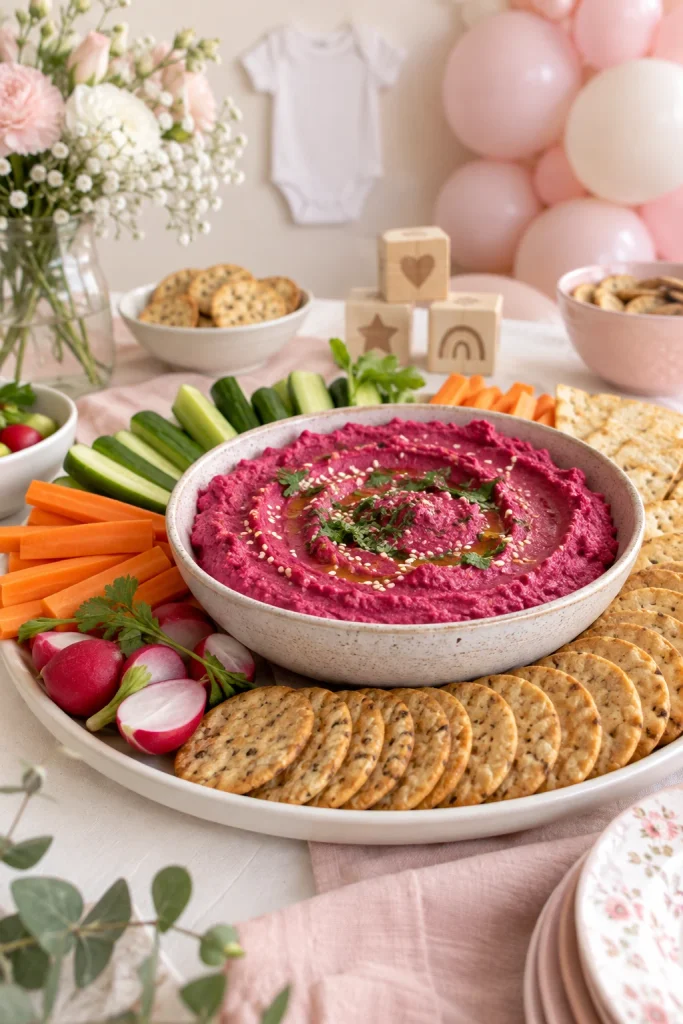 Bright pink beet hummus dip with crackers for a baby shower appetizer table