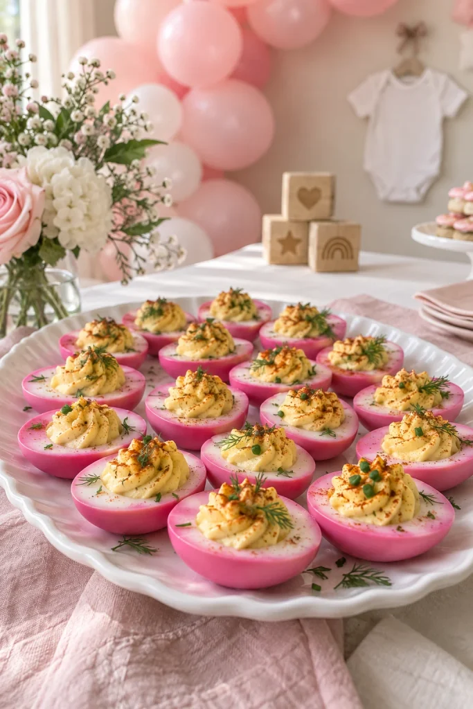 Pink pickled deviled eggs for a baby shower savory appetizer platter