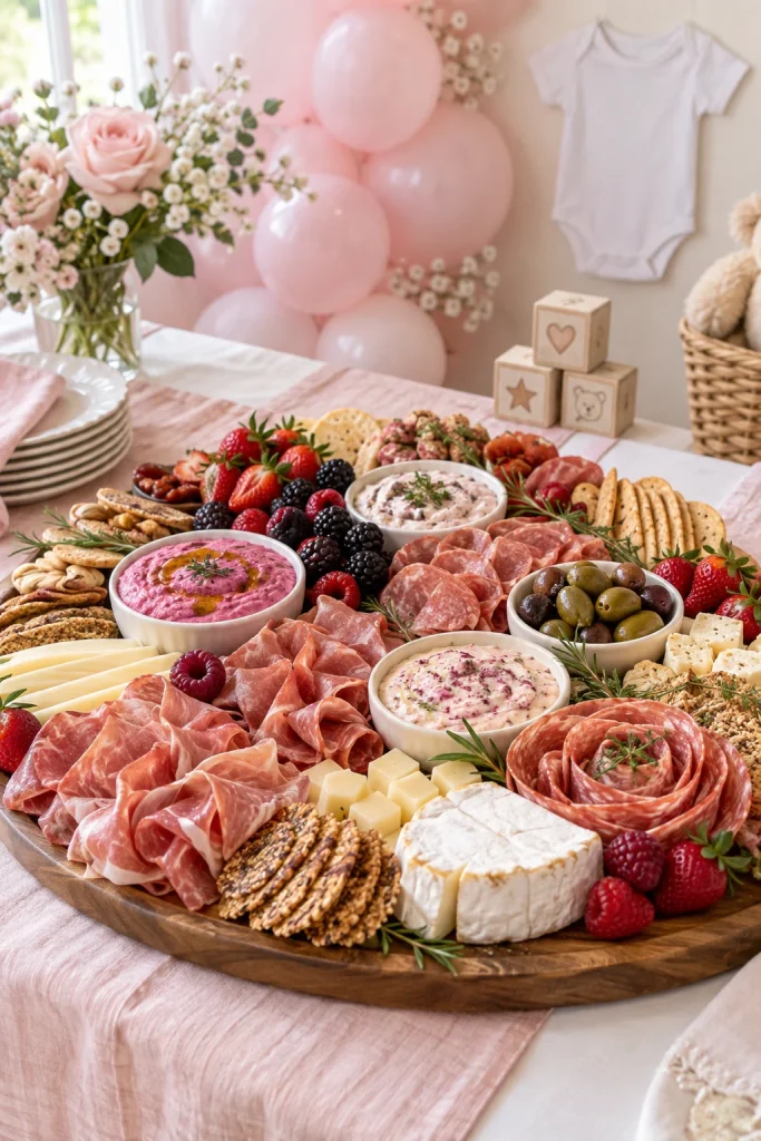 Pink themed charcuterie board with cured meats, cheese, and dips for a baby shower