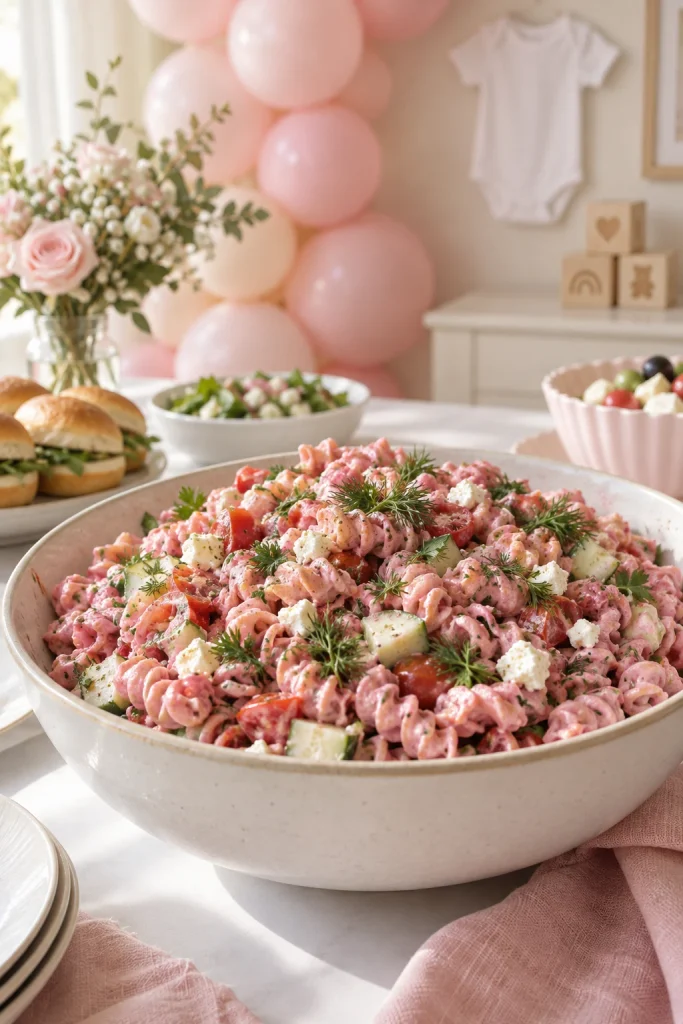 Creamy pink pasta salad in a bowl for a baby shower side dish