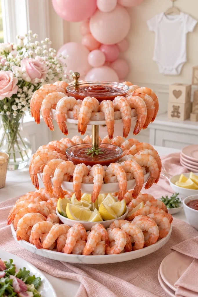 Classic shrimp cocktail with pink cocktail sauce for a baby shower appetizer