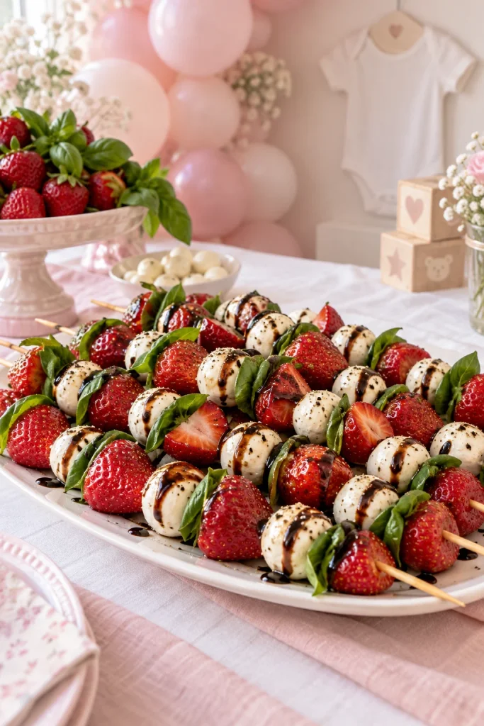 Strawberry caprese skewers with mozzarella pearls, basil, and balsamic glaze for a pink baby shower