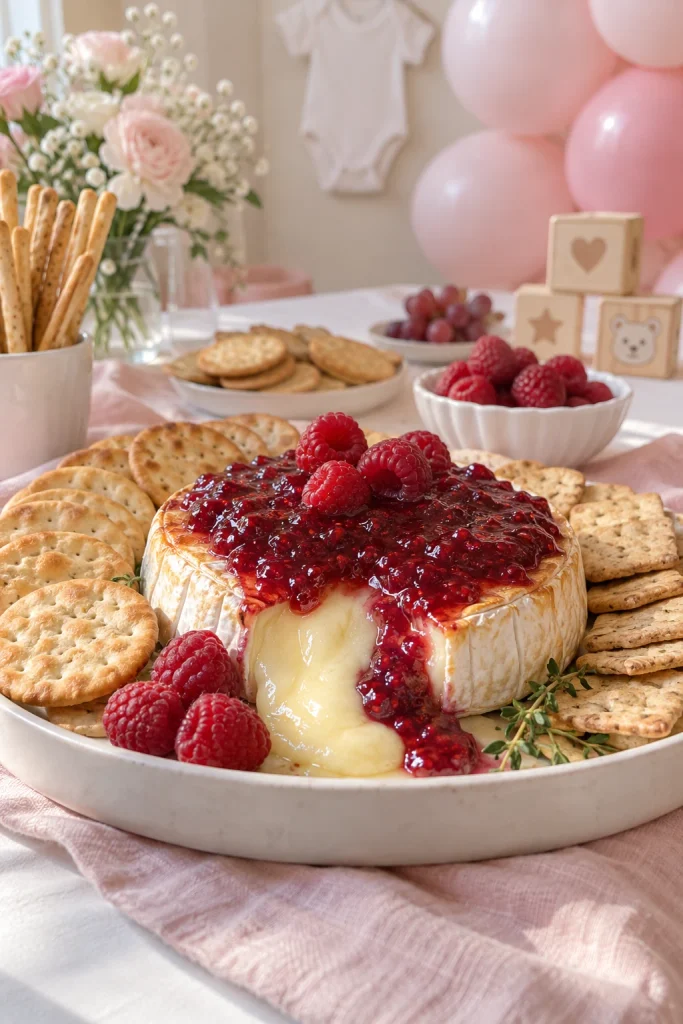 Warm baked brie topped with pink raspberry jam and crackers on a baby shower appetizer table
