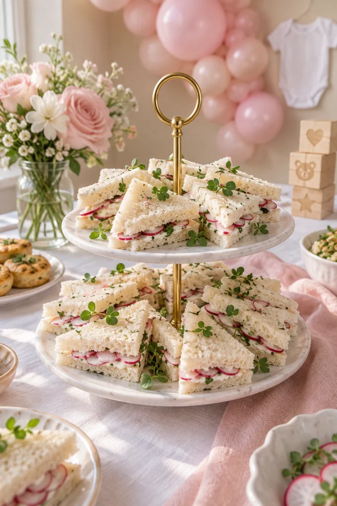 Delicate radish and butter tea sandwiches with pink radish slices cut into small rounds for a baby shower