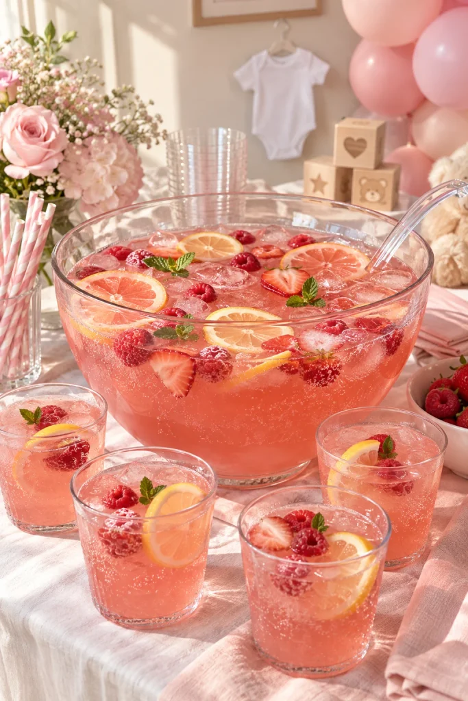 Pitcher of pink strawberry lemonade with fresh strawberries for a baby shower