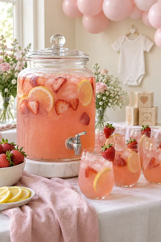Bubbly pink party punch in a bowl with fruit garnish for a baby shower