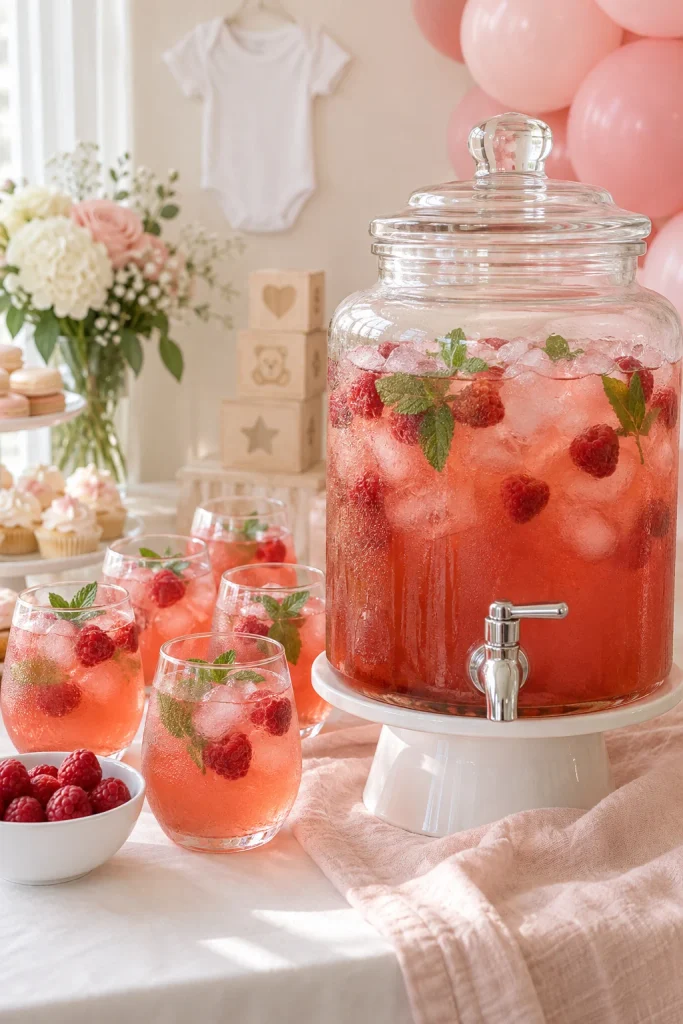 Raspberry iced tea in a glass pitcher for a light pink baby shower drink