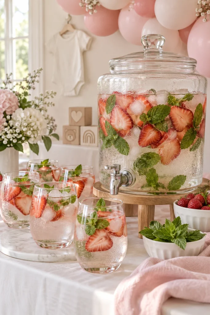 Strawberry and mint infused water in a glass dispenser for a baby shower